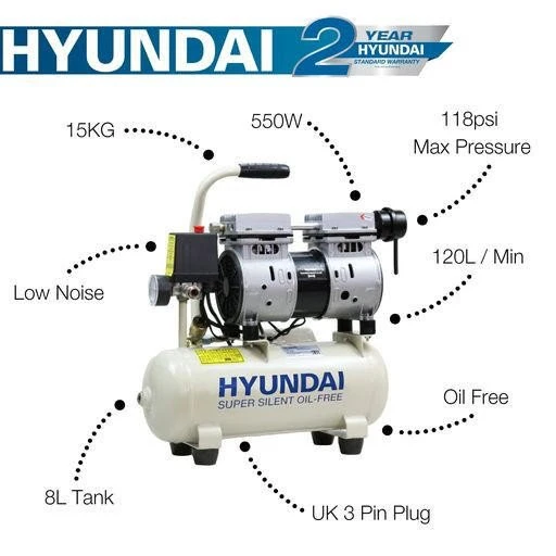Hyundai 8 Litre Air Compressor, 4CFM/118psi, Silenced, Oil Free, Direct Drive 0.75hp | HY5508 4 Hyundai 8 Litre Air Compressor, 4CFM/118psi, Silenced, Oil Free, Direct Drive 0.75hp | HY5508 - Image 2