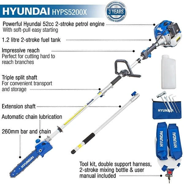 Hyundai 52cc Long Reach Petrol Pole Saw/Pruner/Chainsaw | HYPS5200X 4 Hyundai 52cc Long Reach Petrol Pole Saw/Pruner/Chainsaw | HYPS5200X - Image 2